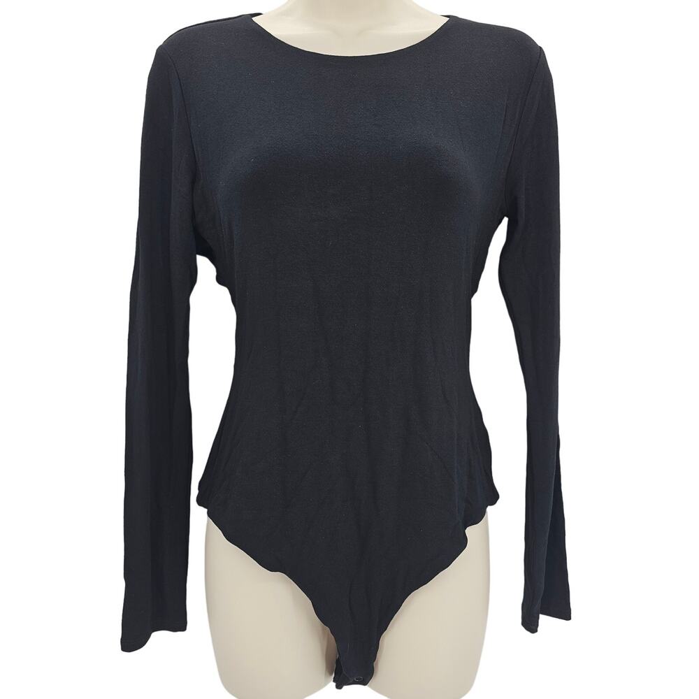 Naked Wardrobe Womans XL Long Sleeve Cutout Back Boat Neck Bodysuit Black New